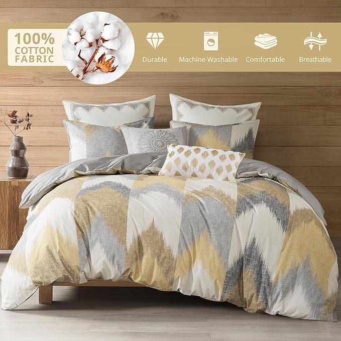 INK+IVY King Size Comforter Set, Cozy Cotton Comforter, All Season, Lightweight Comforter King Bed Set with 2 Matching Shams, Modern Cabin Lodge Ikat Chevron Design, Yellow King/Cal King 3 Piece - LeafyLoom