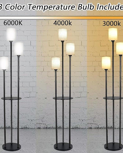Floor Lamp - 3 Lights Modern Floor Lamp for Living Room, Dimmable Tall Pole Lamp with Shelves, Farmhouse Standing lamp for Bedrooms Office Home Decor, 3 LED Bulbs Included, 3 Color Temperatures - LeafyLoom