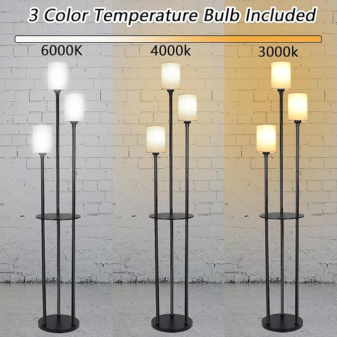 Floor Lamp - 3 Lights Modern Floor Lamp for Living Room, Dimmable Tall Pole Lamp with Shelves, Farmhouse Standing lamp for Bedrooms Office Home Decor, 3 LED Bulbs Included, 3 Color Temperatures - LeafyLoom