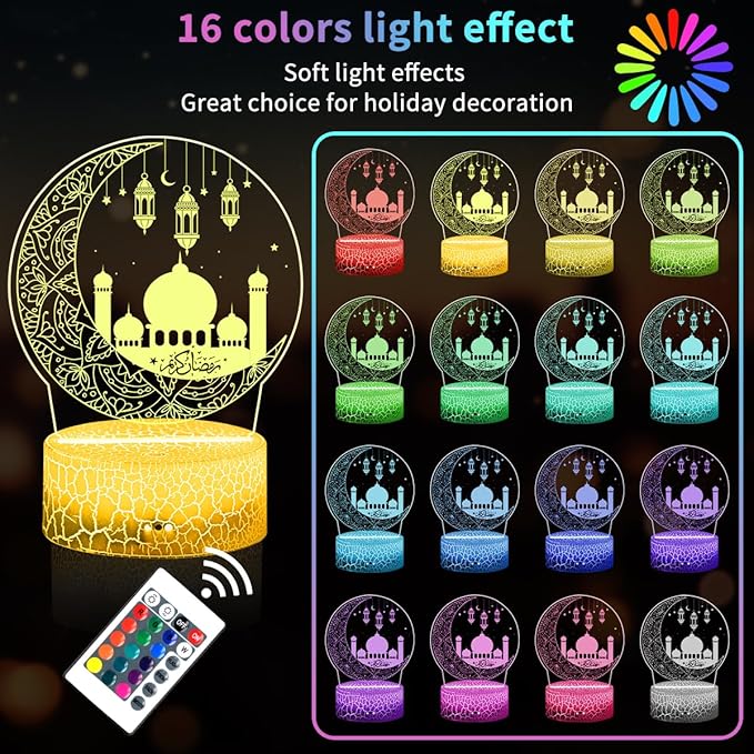 Ramadan Mubarak Decorations, Ramadan LED Night Light with Remote 16 Color Flashing, Eid al-Fitr Mubarak 3D Star Moon Lights for Bedroom Ramadan Gifts for Islamic Holiday Believers Muslims Home Decor - LeafyLoom