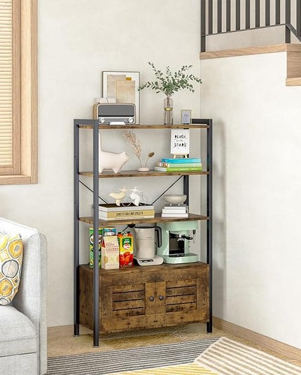 Storage Cabinet with 3 Open Shelves, 1 Cupboard Large Kitchen Industrial Display Standing Shelf, Rustic Brown Wooden and Metal FrameShelf for Living Room, Bedroom, Home Office Organizer - LeafyLoom
