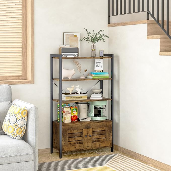 Storage Cabinet with 3 Open Shelves, 1 Cupboard Large Kitchen Industrial Display Standing Shelf, Rustic Brown Wooden and Metal FrameShelf for Living Room, Bedroom, Home Office Organizer - LeafyLoom