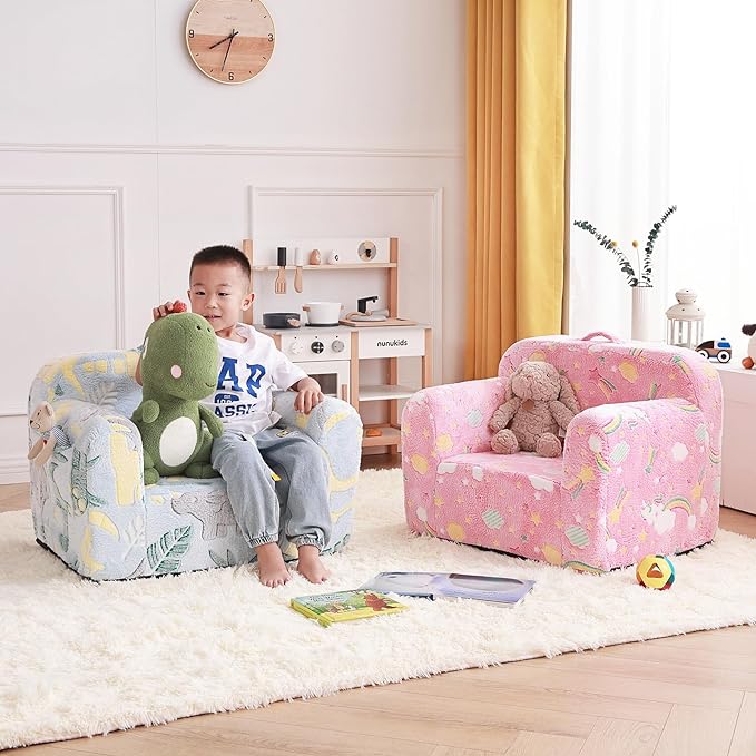Tiita Kids Sofa, Children Couch with Carrying Handle & Side Pockets, Kids Foam Chair, Toddler Armrest Chair,Kids Read Sofa for Girl or Boy(Dark Grey Dinosaur) - LeafyLoom