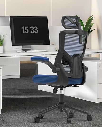 𝑯𝑶𝑴𝑬 𝑶𝑭𝑭𝑰𝑪𝑬 𝑪𝑯𝑨𝑰𝑹, Ergonomic Mesh Desk Chair, High Back Computer Chair- Adjustable Headrest with Flip-Up Arms, Lumbar Support, Swivel Executive Task Chair (Portimao Blue, Modern) - LeafyLoom