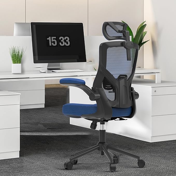 𝑯𝑶𝑴𝑬 𝑶𝑭𝑭𝑰𝑪𝑬 𝑪𝑯𝑨𝑰𝑹, Ergonomic Mesh Desk Chair, High Back Computer Chair- Adjustable Headrest with Flip-Up Arms, Lumbar Support, Swivel Executive Task Chair (Portimao Blue, Modern) - LeafyLoom