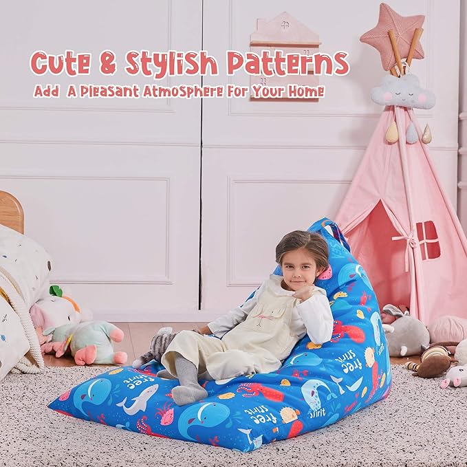 Nobildonna Stuffed Animal Storage Bean Bag Chair Cover Only for Kids and Adults, Extra Large Beanbag without Filling Plush Toys Holder and Organizer- Premium Canvas 250L (Sea Animals) - LeafyLoom