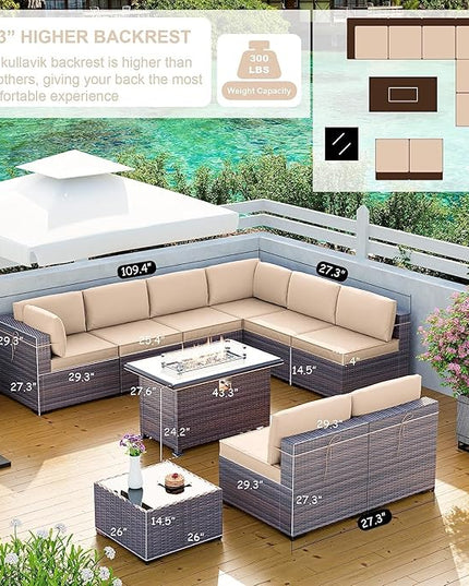 Kullavik 10 Pieces Outdoor Patio Furniture Set with 43" Gas Propane Fire Pit Table PE Wicker Rattan Sectional Sofa Patio Conversation Sets,Sand - LeafyLoom