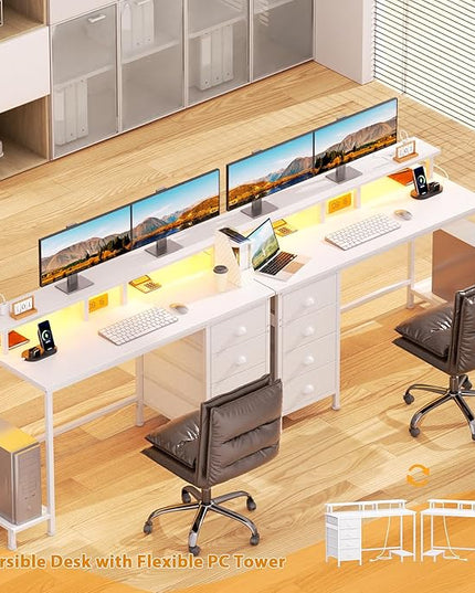 Furologee Desk with Power Outlets and LED Lights, 47in Gaming Computer Desk with 4 Fabric Drawers, Home Office Desk with Full Monitor Stand and Shelf, Study Writing Desk for Bedroom, White - LeafyLoom