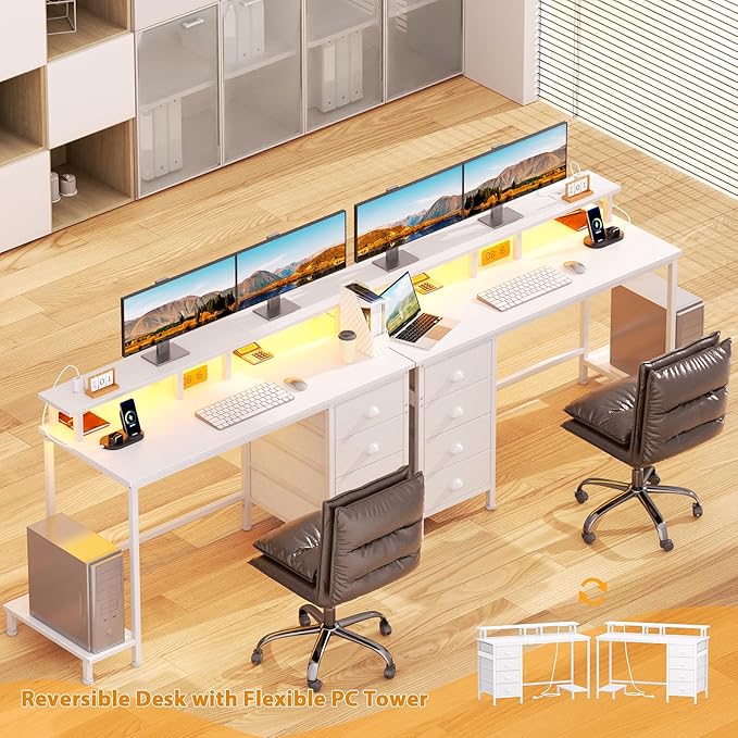 Furologee Desk with Power Outlets and LED Lights, 47in Gaming Computer Desk with 4 Fabric Drawers, Home Office Desk with Full Monitor Stand and Shelf, Study Writing Desk for Bedroom, White - LeafyLoom
