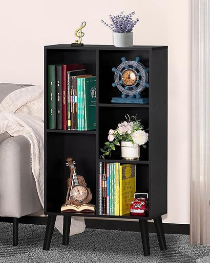 YAHARBO Small Black Narrow Bookshelf,3 Tier Modern Bookcase with Legs,Bookshelves Wood Storage Shelf,Rustic Book Shelves Cube Organizer,Display Bookcase - LeafyLoom