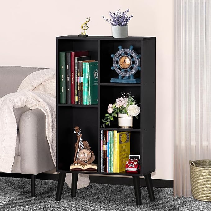 YAHARBO Small Black Narrow Bookshelf,3 Tier Modern Bookcase with Legs,Bookshelves Wood Storage Shelf,Rustic Book Shelves Cube Organizer,Display Bookcase - LeafyLoom