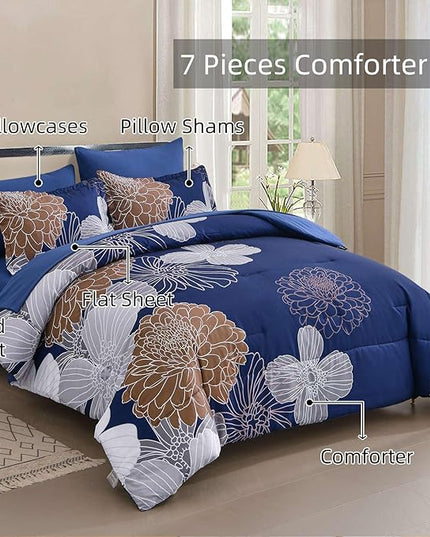 Yiran Navy Brown Comforter Set Queen Bed in a Bag 7 Pieces Floral Soft Microfiber Comforter Bedding Sets Bed Set with Comforter, Sheets, Pillowcases & Shams 90"×90" - LeafyLoom