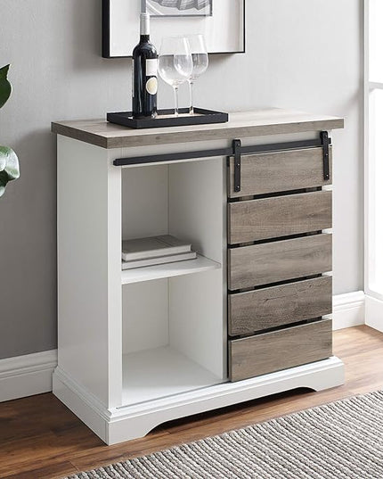 Walker Edison Willa Modern Farmhouse Sliding Single Slat Door Storage Console, 32 Inch, White and Grey Wash - LeafyLoom