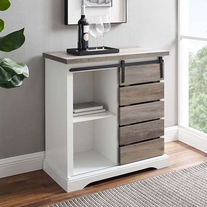 Walker Edison Willa Modern Farmhouse Sliding Single Slat Door Storage Console, 32 Inch, White and Grey Wash - LeafyLoom