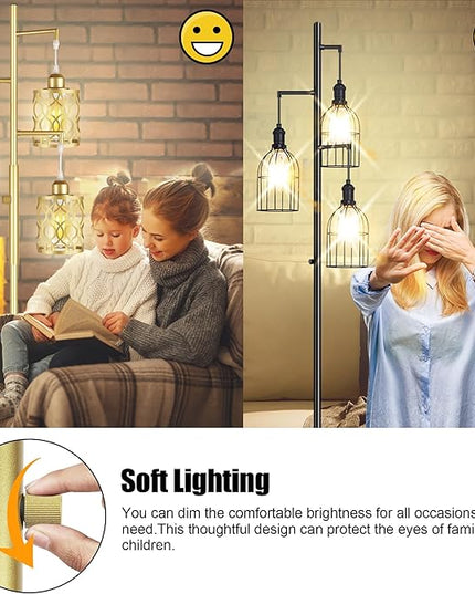 68" Gold Floor Lamp, Dimmable Industrial Floor Lamps for Living Room, 3 Light Rustic Standing Tall Lamp Including 3 PCS 6W E26 Bulbs, Farmhouse Tree Floor Lamp for Bedrooms, Office, Bar - LeafyLoom