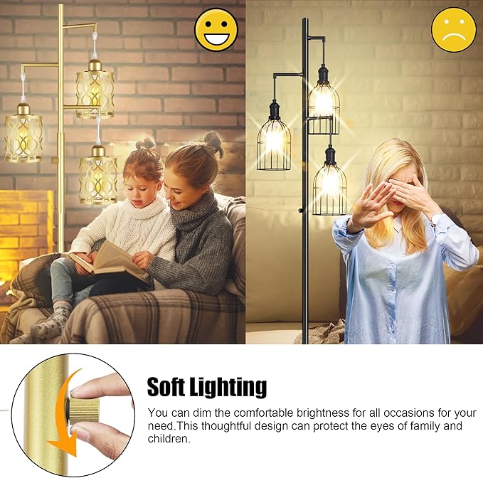 68" Gold Floor Lamp, Dimmable Industrial Floor Lamps for Living Room, 3 Light Rustic Standing Tall Lamp Including 3 PCS 6W E26 Bulbs, Farmhouse Tree Floor Lamp for Bedrooms, Office, Bar - LeafyLoom