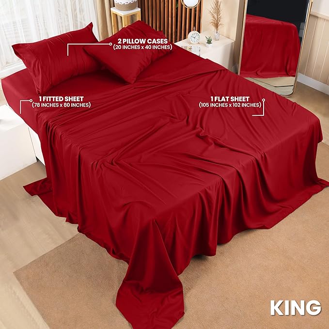 Utopia Bedding King Bed Sheets Set - 4 Piece Bedding - Brushed Microfiber - Shrinkage and Fade Resistant - Easy Care (King, Red) - LeafyLoom