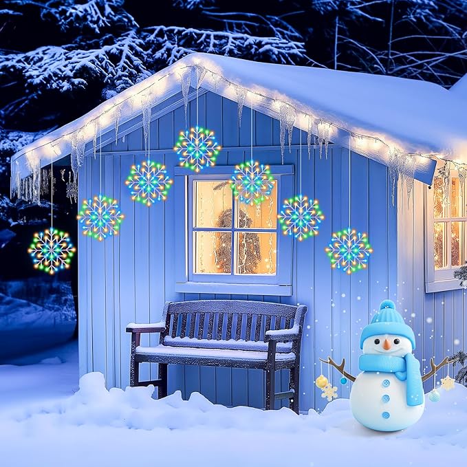 Christmas Snowflake Icicle Lights Outdoor - Plug-in 23.6ft 10 Drops 480LED Snowflake Window Lights, Connectable for Indoor Outdoor Porch Eaves Rooftops Canopy Christmas Decoration, Multicolor Brightown