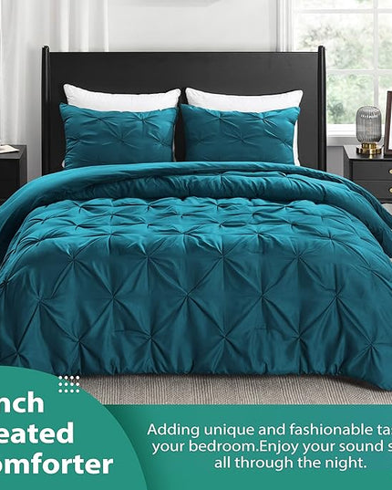 downluxe Pintuck Queen Comforter Set with 2 Pillow Shams - 3-Piece - Crystal Teal Queen Bed Comforter Set for All Seasons, Pinch Pleat Microfiber Down Alternative Bedding Comforter Sets - LeafyLoom