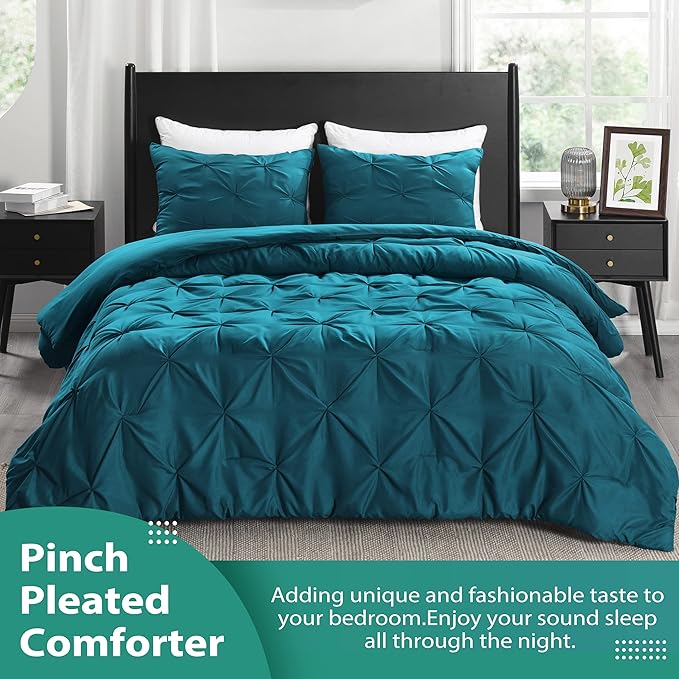 downluxe Pintuck Queen Comforter Set with 2 Pillow Shams - 3-Piece - Crystal Teal Queen Bed Comforter Set for All Seasons, Pinch Pleat Microfiber Down Alternative Bedding Comforter Sets - LeafyLoom