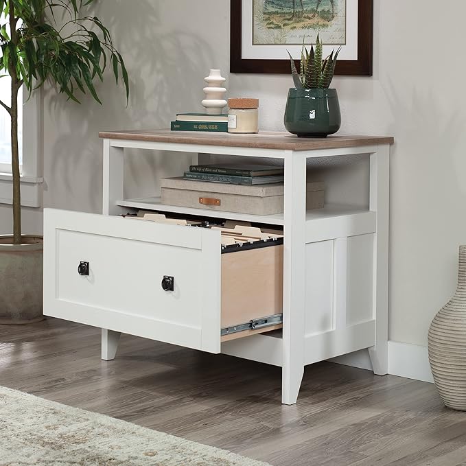 Sauder August Hill Lateral File, L: 19.53" x W: 32.28" x H: 29.25", Soft White Finish - LeafyLoom