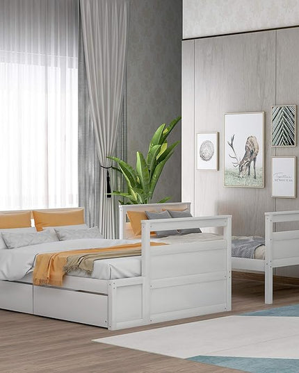 Bunk Bed Frame, Twin Over Full Bunk Bed with Safety Guardrail, Staircase and 2 Underbed Storage Drawers, Ideal Bed Frame for Kids Teens Girls Boys, Space Saving Bedroom Furniture, White - LeafyLoom