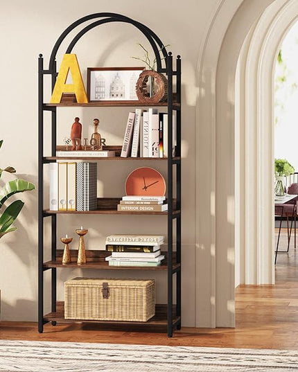 Tribesigns 5-shelf Arched Bookcase, Industrial Metal Etagere Open Bookshelf, Rustic Wood Shelf with Black Metal Frame,72 Inches Tall(1, Brown+Black) - LeafyLoom