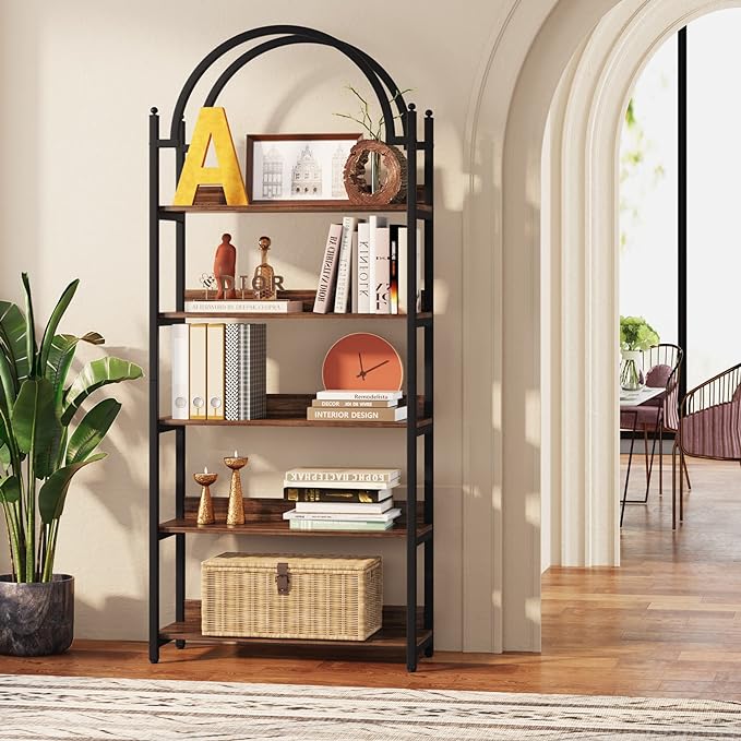 Tribesigns 5-shelf Arched Bookcase, Industrial Metal Etagere Open Bookshelf, Rustic Wood Shelf with Black Metal Frame,72 Inches Tall(1, Brown+Black) - LeafyLoom