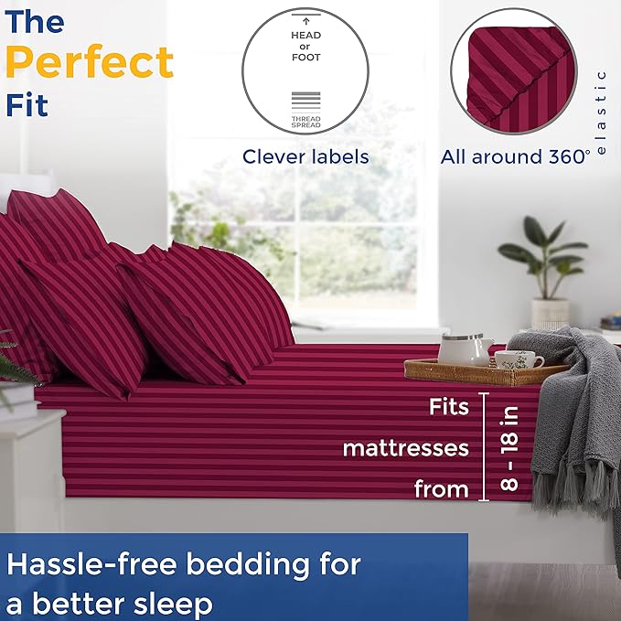 THREAD SPREAD Luxury Egyptian Cotton California King Stripe Sheet Set, 600 Thread Count Extra Long Staple 4 PC Set, Cal King Stripe Sheets, Soft, Cooling Striped Sheets Upto 18" Deep Pocket - Burgundy - LeafyLoom