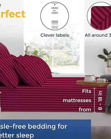 THREAD SPREAD Luxury Egyptian Cotton Twin Stripe Sheet Set - 600 Thread Count Extra Long Staple 3 PC Set, Twin Damask Sheets, Soft, Cooling Sateen Weave Striped Sheets Upto 18" Deep Pocket - Burgundy - LeafyLoom