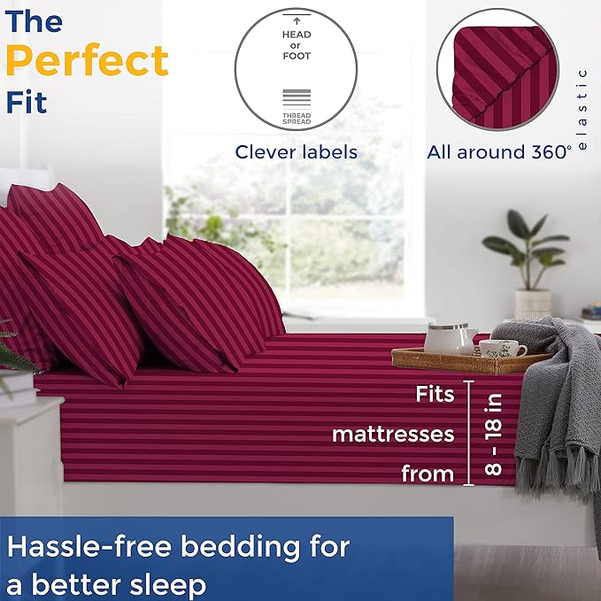 THREAD SPREAD Luxury Egyptian Cotton Twin Stripe Sheet Set - 600 Thread Count Extra Long Staple 3 PC Set, Twin Damask Sheets, Soft, Cooling Sateen Weave Striped Sheets Upto 18" Deep Pocket - Burgundy - LeafyLoom