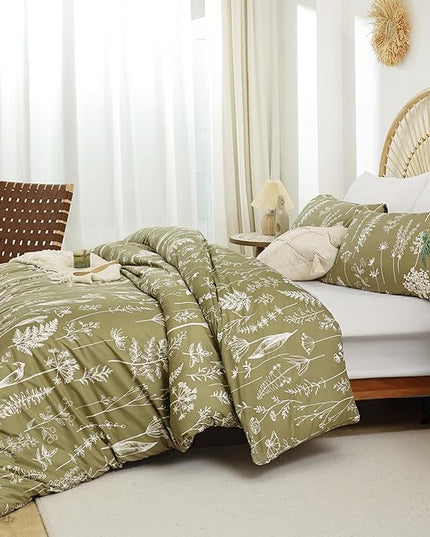 JANZAA Queen Olive Green ,3 PCS Bedding Floral Plant Flowers Printed on Green Comforter Set - LeafyLoom