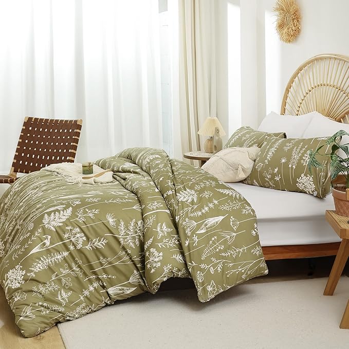 JANZAA Queen Olive Green ,3 PCS Bedding Floral Plant Flowers Printed on Green Comforter Set - LeafyLoom