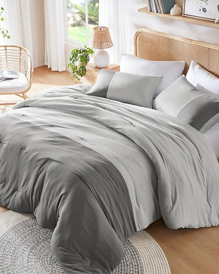 Grey Twin Comforter Set - Modern Soft Farmhouse Bedding for Teen Boys, Kids Colorblock Pattern Bed Sets for All Season, 2 Pieces includes 1 Comforter, 1 Sham (66"x 90") - LeafyLoom