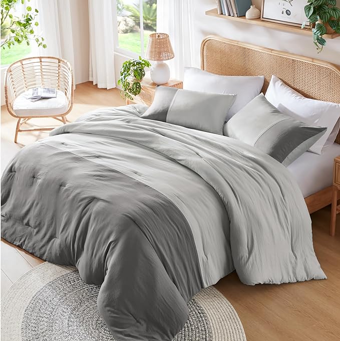 Grey Twin Comforter Set - Modern Soft Farmhouse Bedding for Teen Boys, Kids Colorblock Pattern Bed Sets for All Season, 2 Pieces includes 1 Comforter, 1 Sham (66"x 90") - LeafyLoom