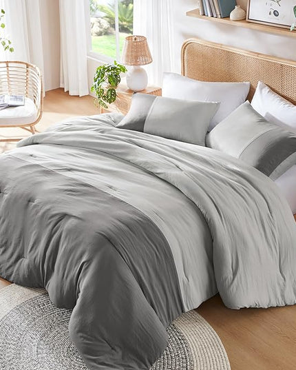 Grey Comforter Queen Set - Modern Soft Farmhouse Comforter Sets for Men, Masculine Colorblock Pattern Bedding Set for All Season, 3 Pieces includes 1 Comforter, 2 Shams (90"x 90") - LeafyLoom