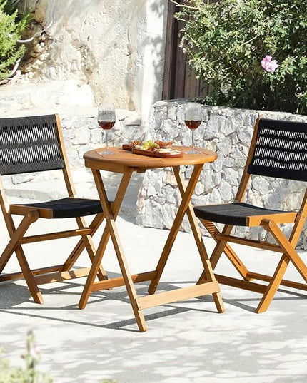 Solid Sauvage Bistro Set with Round Table (Grey), Wood Rope Design - Black - LeafyLoom