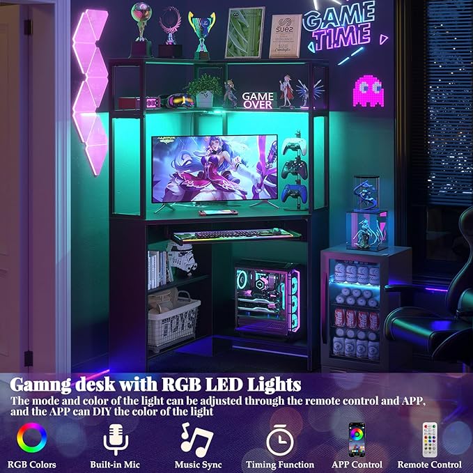Cyclysio Small Corner Desk with Hutch, Heavy Duty Corner Computer Desk with Power Outlets & LED Light, Triangle Corner Gaming Desk with Keyboard Tray for Home Office, Small Space, Workstation Black - LeafyLoom
