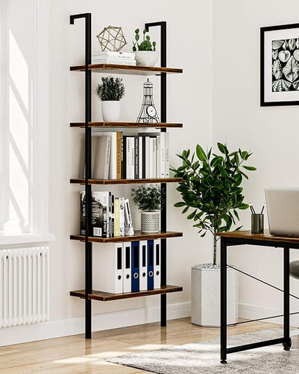 NUMENN 5 Tier Book Shelf, Industrial Ladder Shelf, Open Space Wall Mount Bookshelf with Metal Frame, Sturdy Book Shelves, Bookcase for Living Room, Home Office Shelf, Vintage Brown - LeafyLoom