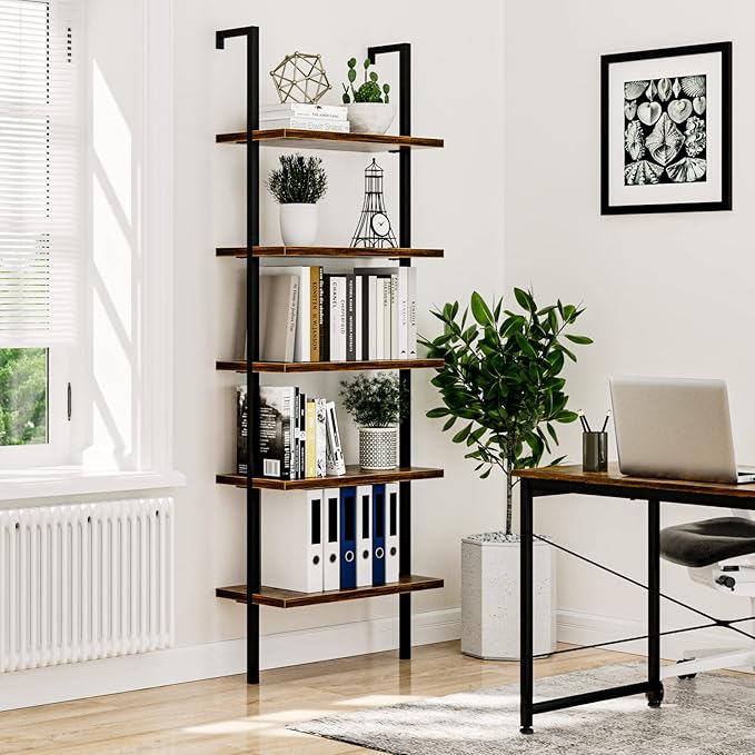 NUMENN 5 Tier Book Shelf, Industrial Ladder Shelf, Open Space Wall Mount Bookshelf with Metal Frame, Sturdy Book Shelves, Bookcase for Living Room, Home Office Shelf, Vintage Brown - LeafyLoom