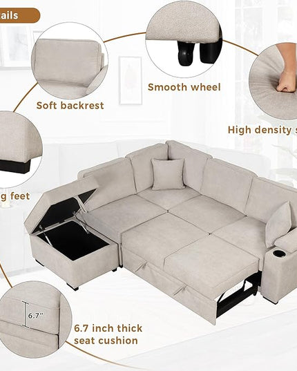 87.4" L Shape Sleeper Sectional Sofa w/Pull Out Bed & Storage Ottoman, Velvet Upholstered Couch, for Living Room, Bedroom and Small Apartment, 87.4 Inch, Knox Charcoal - LeafyLoom