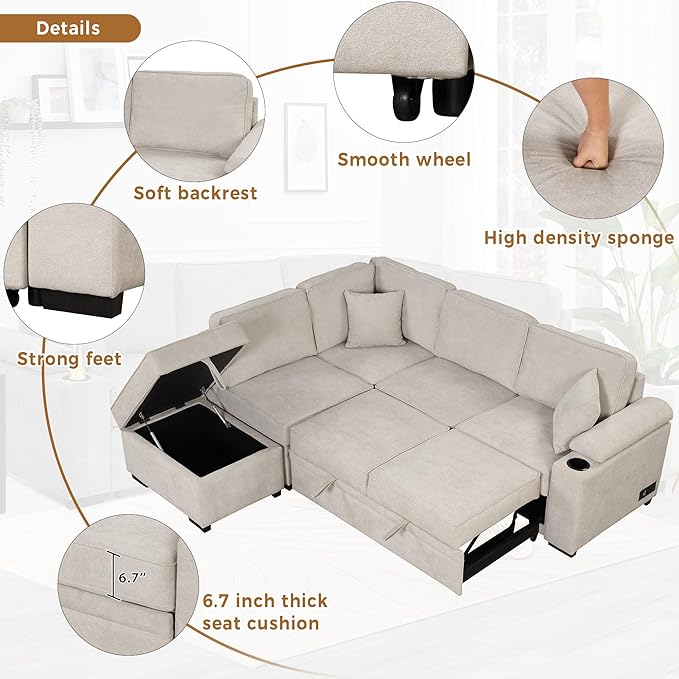 87.4" L Shape Sleeper Sectional Sofa w/Pull Out Bed & Storage Ottoman, Velvet Upholstered Couch, for Living Room, Bedroom and Small Apartment, 87.4 Inch, Knox Charcoal - LeafyLoom