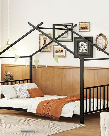 Twin Size Kids Montessori Floor Bed,House Bed Frame with High Headboard,Twin Floor Bed with Roof for Boys Girls,Floor Bed Metal Frame (Black) - LeafyLoom
