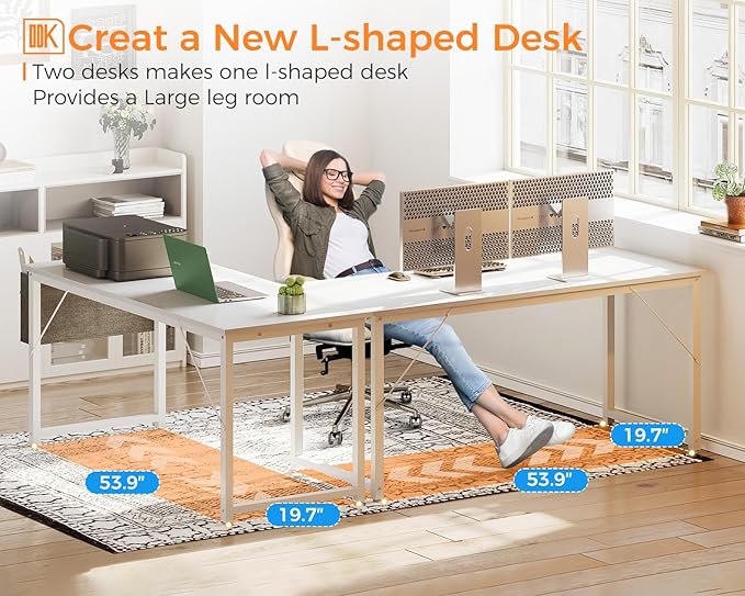 ODK Computer Desk Large Office Desk, 55 Inch Gaming Desk with Storage, Modern PC Desk Work Table with Headphone Hook for Home Office, White + White Leg - LeafyLoom