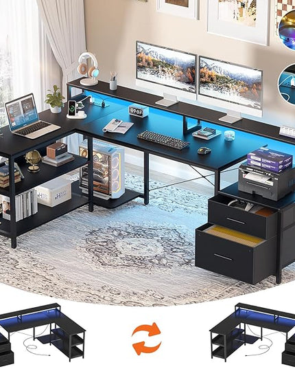 Aheaplus L Shaped Desk with File Drawer, 66" Reversible L Shaped Computer Desk with Power Outlet & LED Strip, Gaming Desk with Long Monitor Stand, Office Desk Corner Desk with Storage Shelf, Black - LeafyLoom