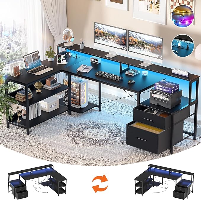 Aheaplus L Shaped Desk with File Drawer, 66" Reversible L Shaped Computer Desk with Power Outlet & LED Strip, Gaming Desk with Long Monitor Stand, Office Desk Corner Desk with Storage Shelf, Black - LeafyLoom