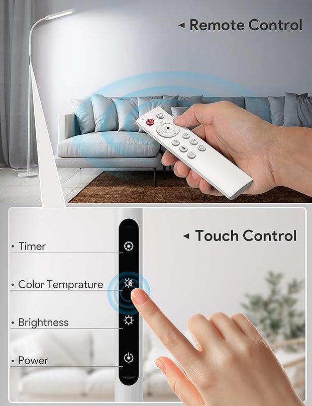 MediAcous Floor Lamp, LED Floor Lamp with Remote, 5 Colors & 5 Brightness & Stepless Adjustable Standing Lamp Work with Wall Switch,1H Timer, Memory Function, Gooseneck for Living Room Bedroom, White - LeafyLoom