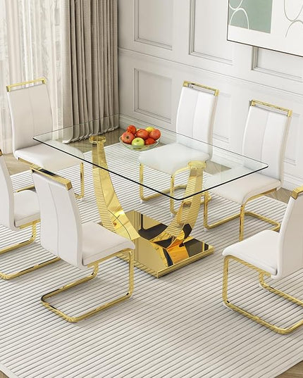 Modern Dining Chairs Set of 6,High Back White Kitchen Chairs,Faux Leather Side Chair with Gold Plated Metal Legs,Easy to Clean Upholstered Dining Chairs,Ideal for Living Room(Gold Leg) - LeafyLoom
