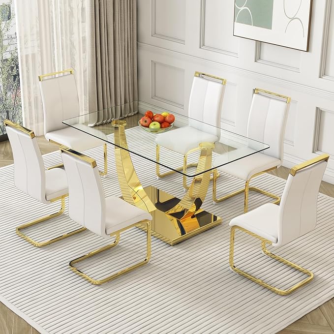 Modern Dining Chairs Set of 6,High Back White Kitchen Chairs,Faux Leather Side Chair with Gold Plated Metal Legs,Easy to Clean Upholstered Dining Chairs,Ideal for Living Room(Gold Leg) - LeafyLoom