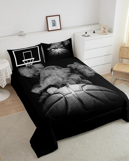 Sports Basketball Full Size Comforter Sets For Boys Teen Kids Basketball Quilt Bedding Set Grey Hippie Smoke Comforter Reversible Black Duvet Insert,1 Comforter + 2 Pillow Case Basketball Room Decor - LeafyLoom